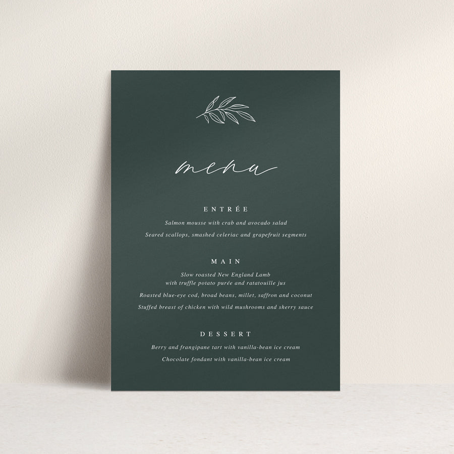 Wedding menu with traditional calligraphy font and hand drawn leaf detail with guest name printing. Peach Perfect Australia.