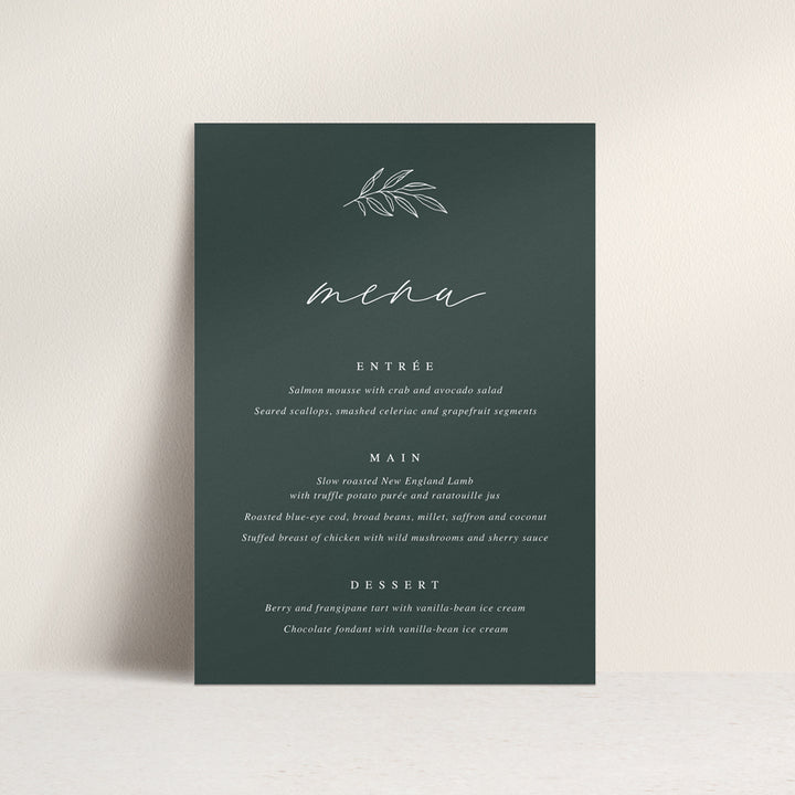 Wedding menu with traditional calligraphy font and hand drawn leaf detail with guest name printing. Peach Perfect Australia.