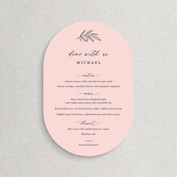 Double arch shape light pink wedding menu with traditional calligraphy font and hand drawn leaf detail. Peach Perfect Australia.