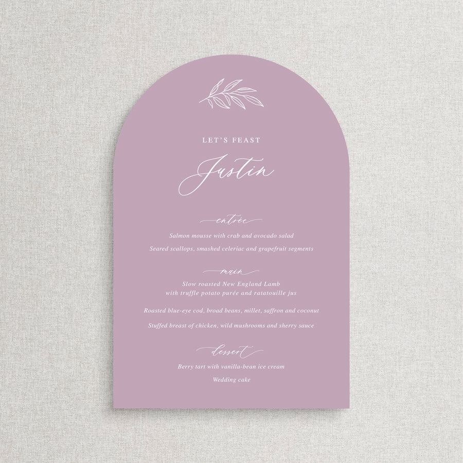 Arch wedding menu with traditional calligraphy font and hand drawn leaf detail. Mauve and white, with guest name printing. Peach Perfect Australia.