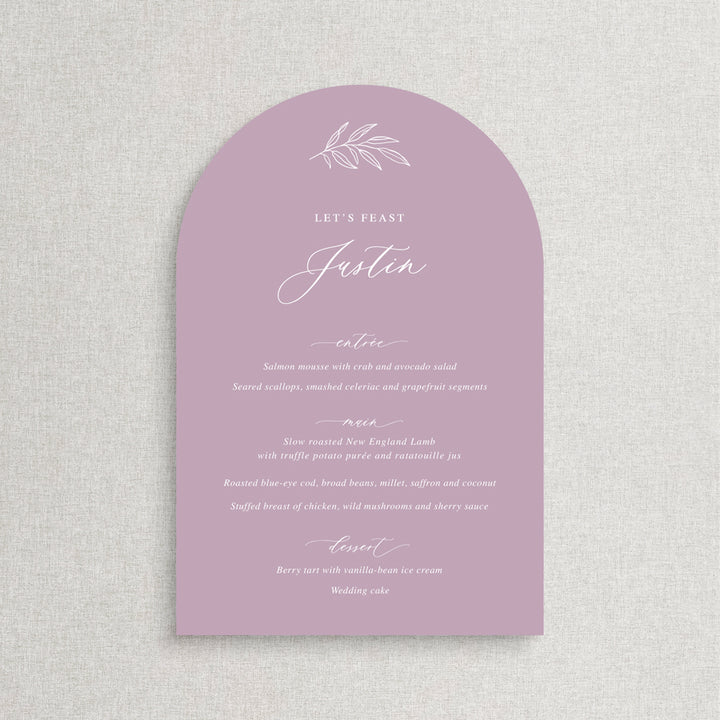 Arch wedding menu with traditional calligraphy font and hand drawn leaf detail. Mauve and white, with guest name printing. Peach Perfect Australia.