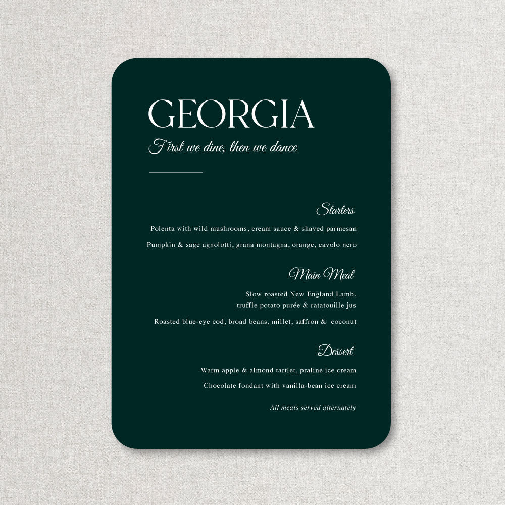 Timeless calligraphy wedding menu in dark green with white ink printing. Guest names on each menu.