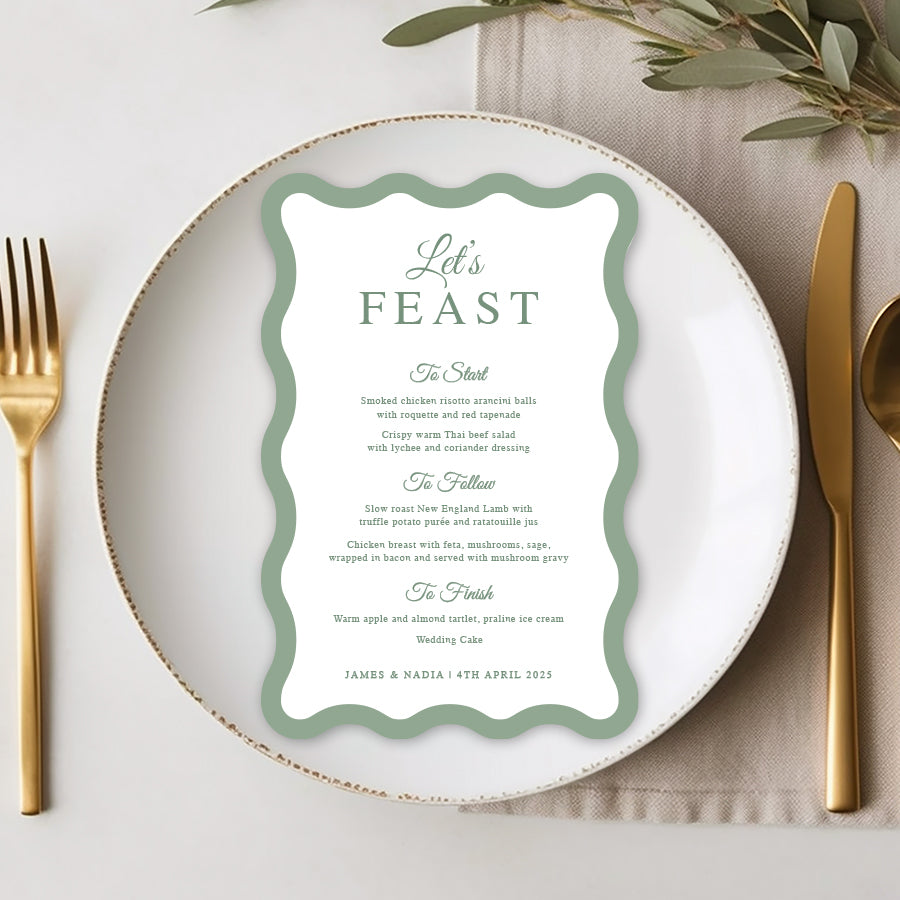 Wavy shape timeless wedding menu. Sage green and white with calligraphy font. Printed in Australia by Peach Perfect.