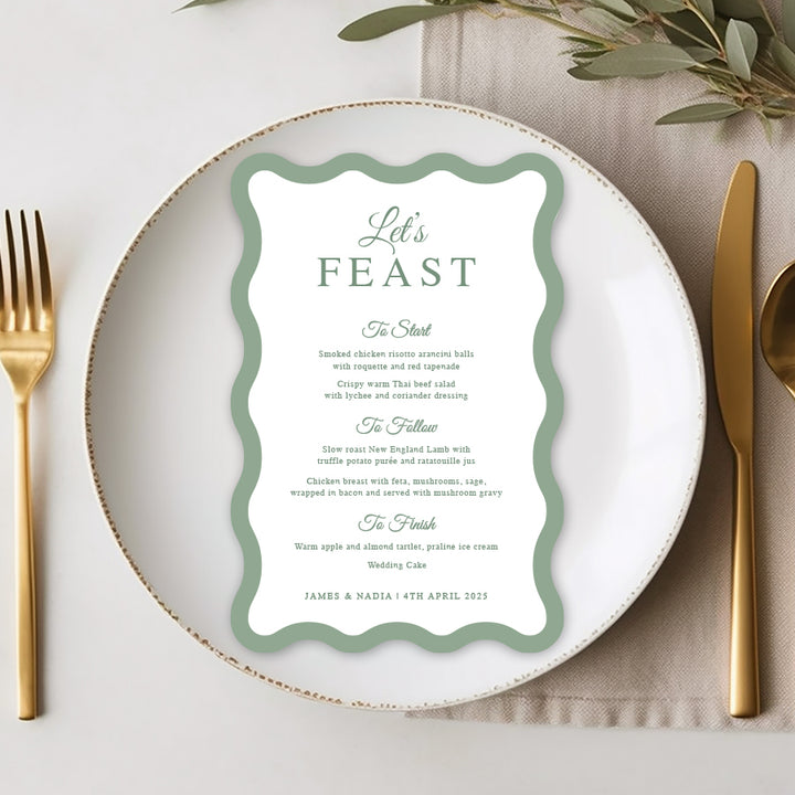 Wavy shape timeless wedding menu. Sage green and white with calligraphy font. Printed in Australia by Peach Perfect.