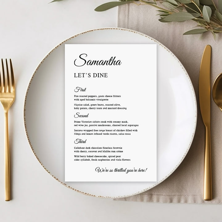 Timeless black and white wedding menu with calligraphy font. Printed in Australia by Peach Perfect.