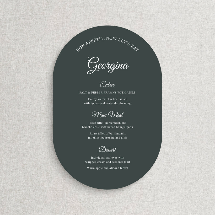 Double Arch shape timeless wedding menu. Deep green and white ink with calligraphy font. Printed in Australia by Peach Perfect.
