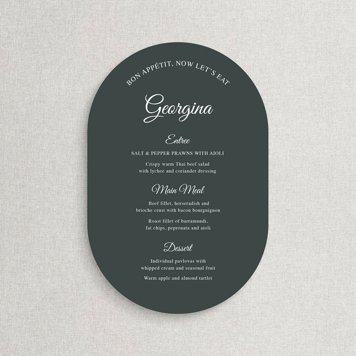 Double Arch shape timeless wedding menu. Deep green and white ink with calligraphy font. Printed in Australia by Peach Perfect.