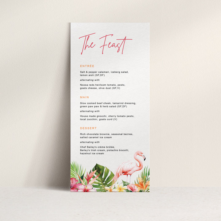 Tropical wedding or event menu with coconut, frangipani and pink flamingo in your choice of colours with guest names printed.