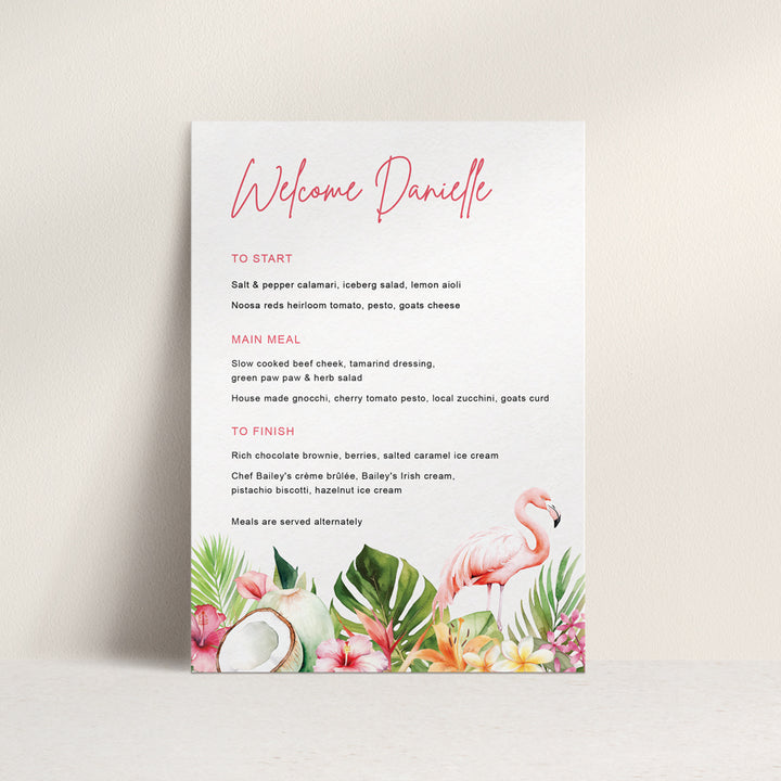 Tropical wedding or event menu with coconut, frangipani and pink flamingo in your choice of colours with guest names printed.