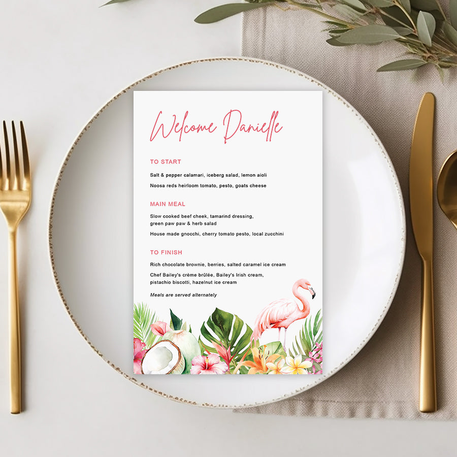 Tropical wedding or event menu with coconut, frangipani and pink flamingo in your choice of colours with guest names printed.