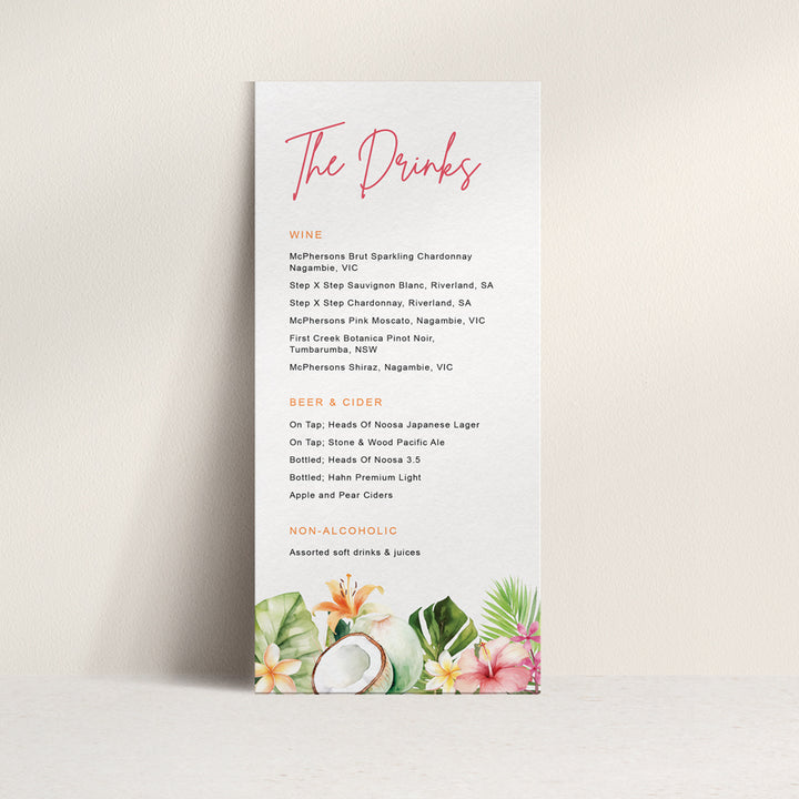 Tropical wedding or event menu with coconut, frangipani and pink flamingo in your choice of colours with guest names printed.