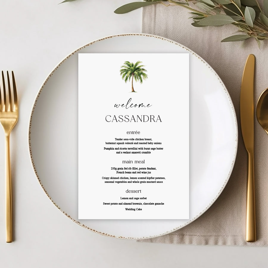 Tropical palm tree wedding or event menu in modern style. Peach Perfect Australia.