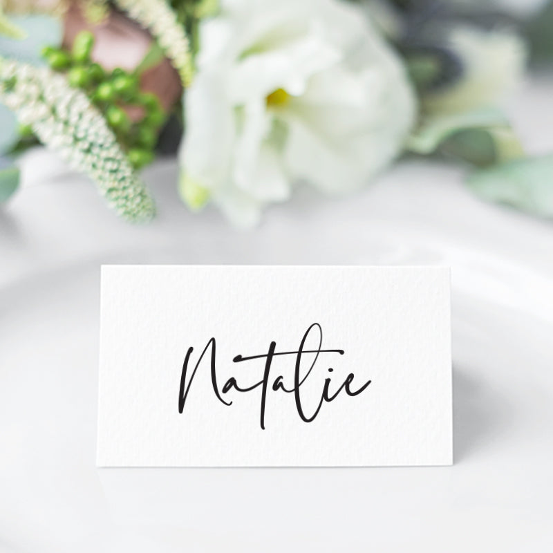 Fun and modern folded wedding place cards in black and white, printed in Australia.