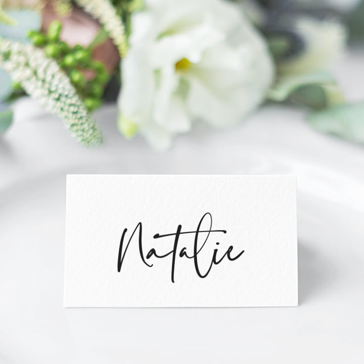 Fun and modern folded wedding place cards in black and white, printed in Australia.