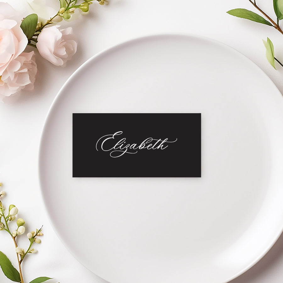 Flat small wedding place cards with calligraphy font in black and white. Designed and printed in Australia.