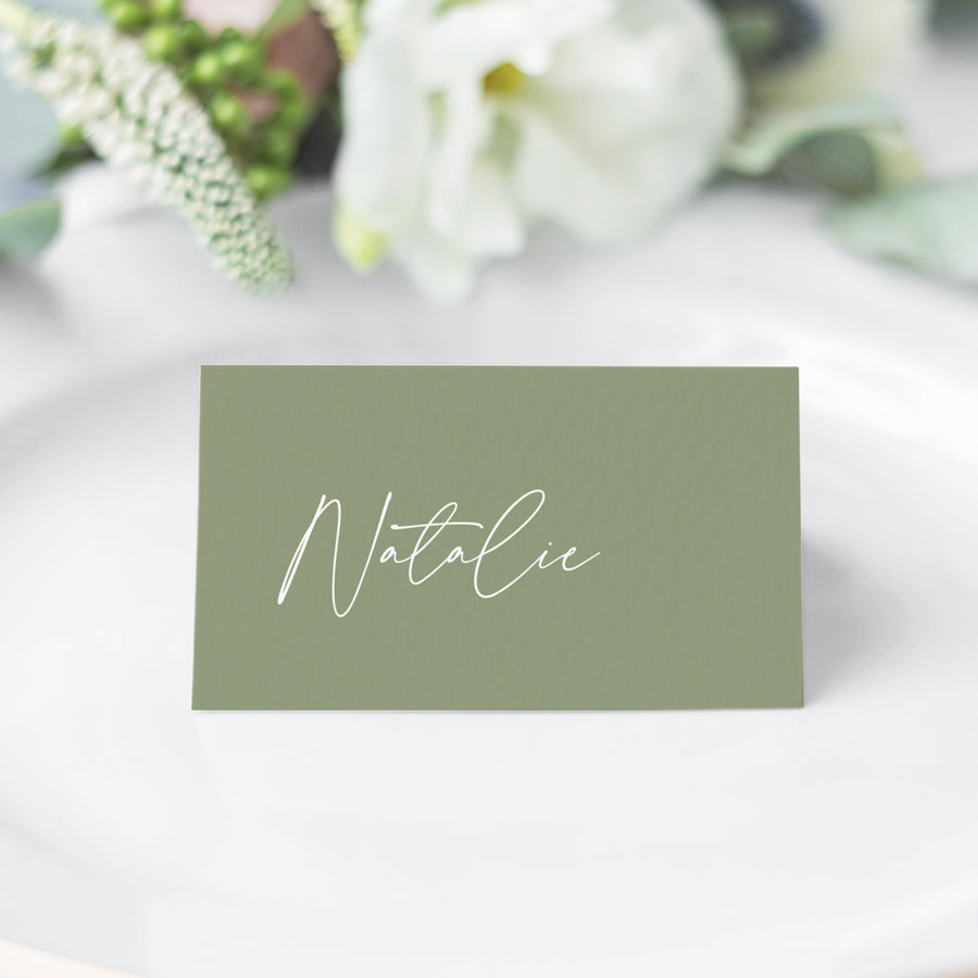 Traditional folded style wedding and event place cards with modern typography in green and white, printed in Australia.