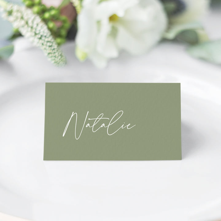 Traditional folded style wedding and event place cards with modern typography in green and white, printed in Australia.