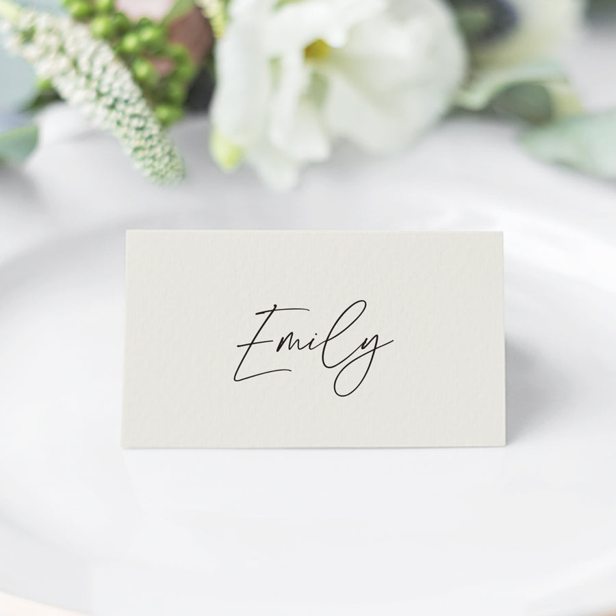 Traditional folded style wedding and event place cards with modern typography in soft white and black, printed in Australia.