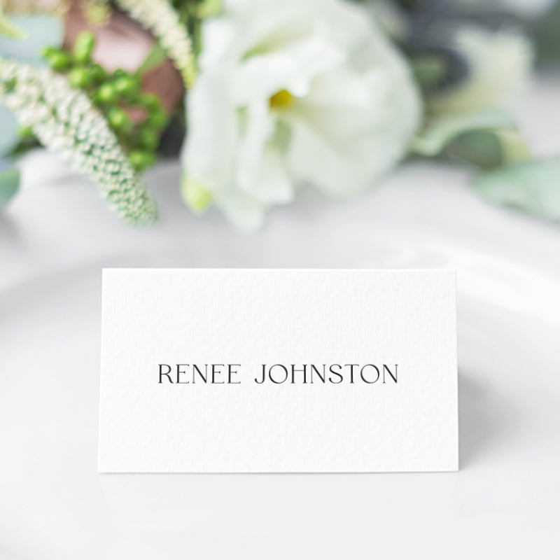 Minimal wedding place cards designed and printed in Australia. Black ink on white card..
