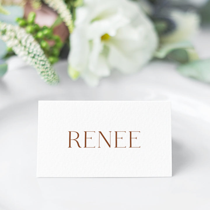 Minimal wedding place cards designed and printed in Australia. Terracotta on white card.