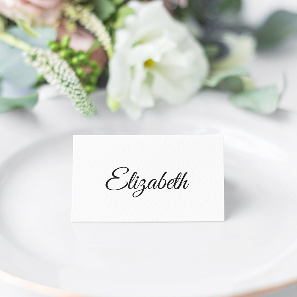 Modern calligraphy tent or folded wedding name cards in black and white, design and printed in Australia.