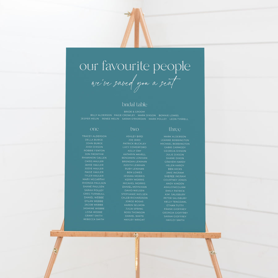 Modern retro wedding seating chart in turquoise blue and white ink colour. Designed and printed in Australia.