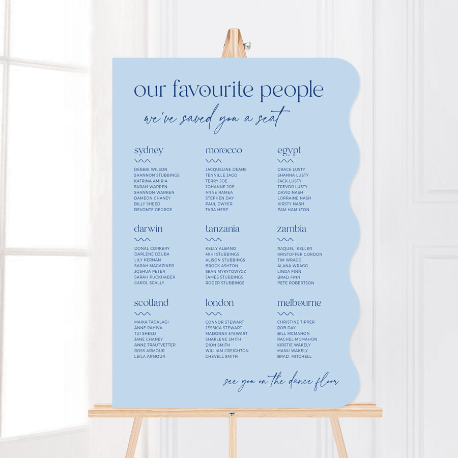 Laser cut wavy wedding seating chart in bright blue colours. Peach Perfect Australia.