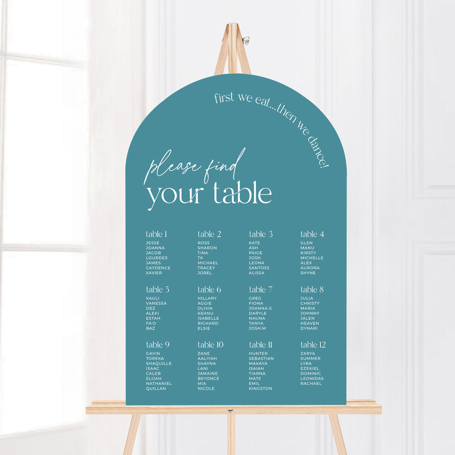 Modern arch retro wedding seating chart in turquoise blue and white ink colour. Designed and printed in Australia.