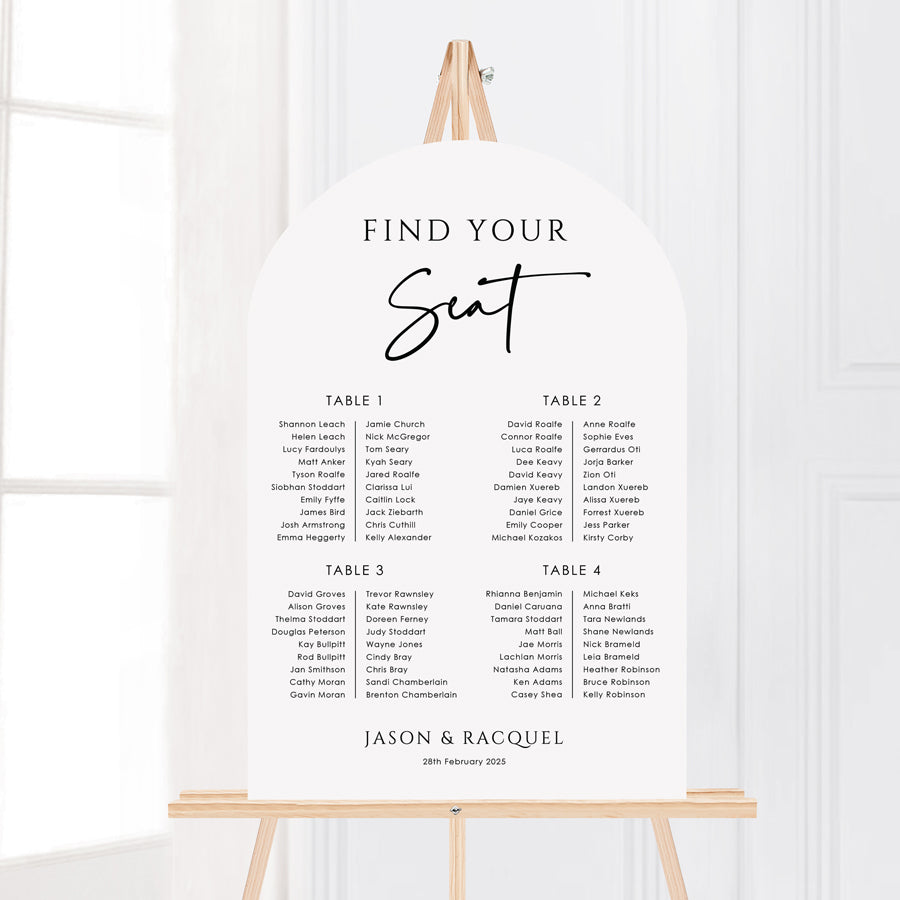 Modern wedding arch shape seating chart in black and white. Banquet table layout. Designed and printed in Australia by Peach Perfect.