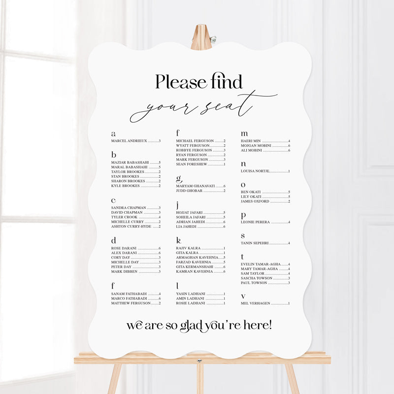 Modern wedding welcome sign in arch shape with our favourite people heading. Black and white listed alphabetically. Printed in Australia.