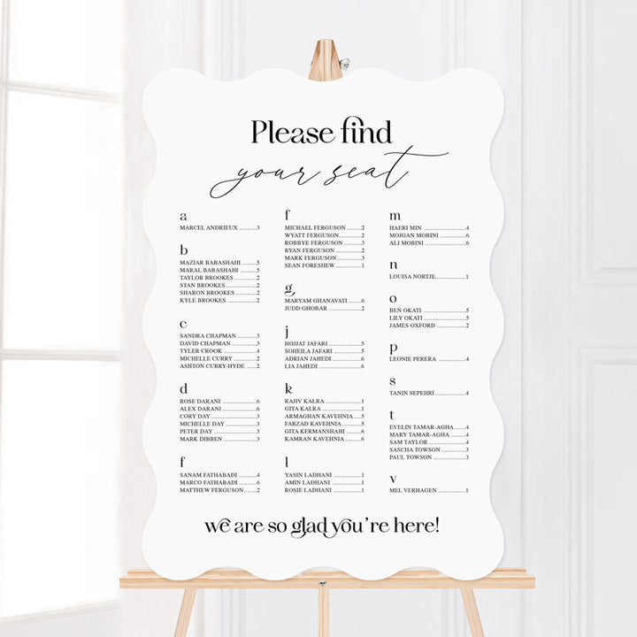 Modern wedding welcome sign in arch shape with our favourite people heading. Black and white listed alphabetically. Printed in Australia.