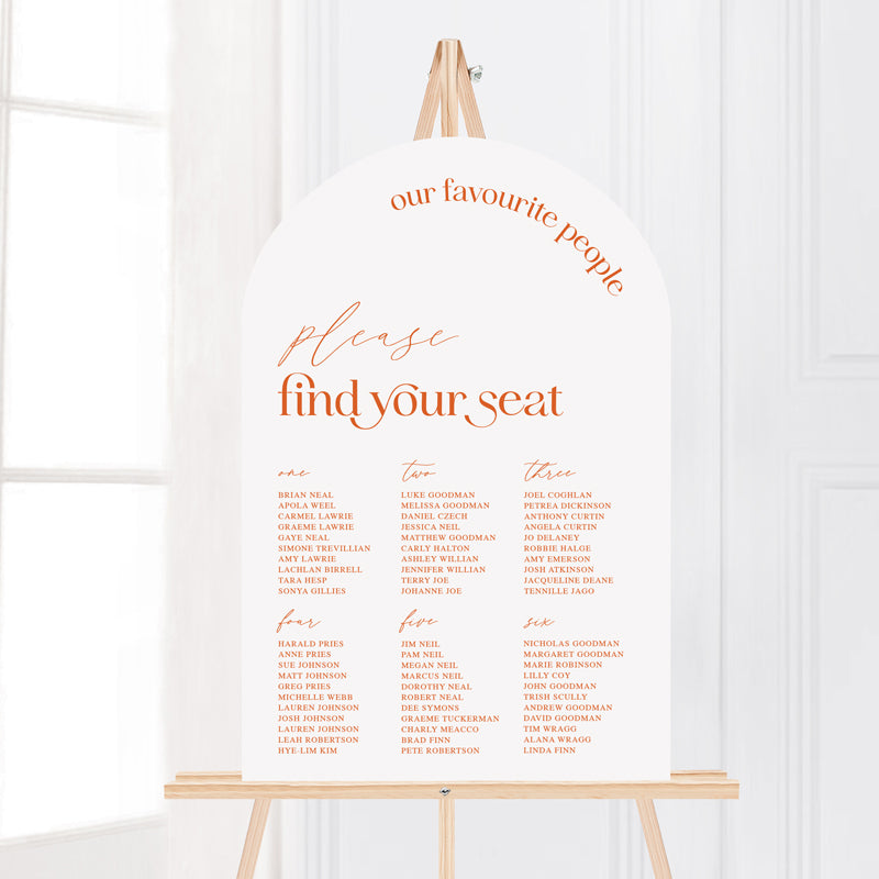 Modern wedding welcome sign in arch shape with our favourite people heading. Orange and white. Printed in Australia.