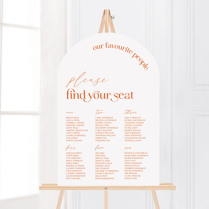 Modern wedding welcome sign in arch shape with our favourite people heading. Orange and white. Printed in Australia.