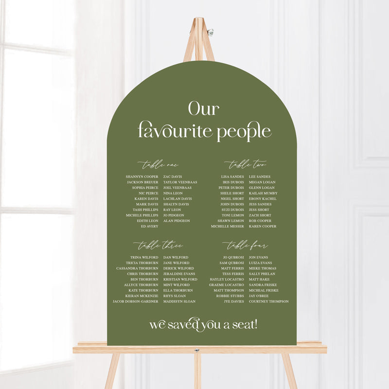 Modern wedding welcome sign in arch shape with our favourite people heading. Green and white. Printed in Australia.