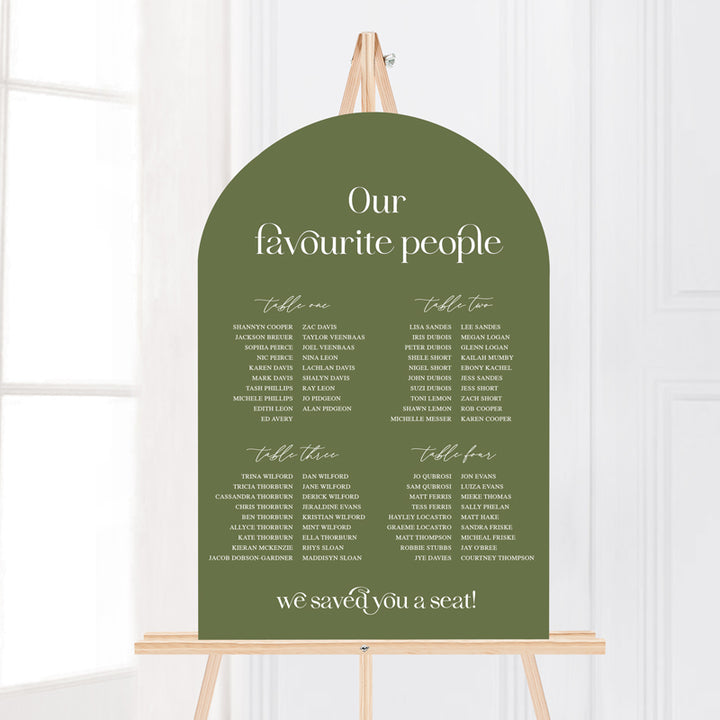 Modern wedding welcome sign in arch shape with our favourite people heading. Green and white. Printed in Australia.