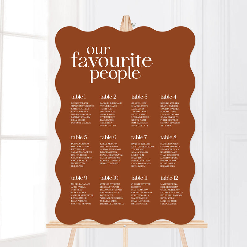 Modern wedding welcome sign in wiggle wavy shape with our favourite people heading. Printed in Australia.