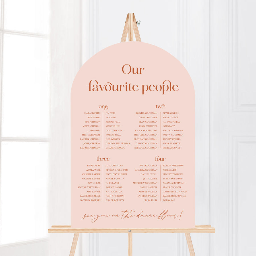 modern wedding seating chart with our favourite people heading in arch shape. Blush pink and orange