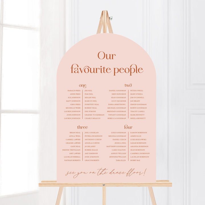 modern wedding seating chart with our favourite people heading in arch shape. Blush pink and orange