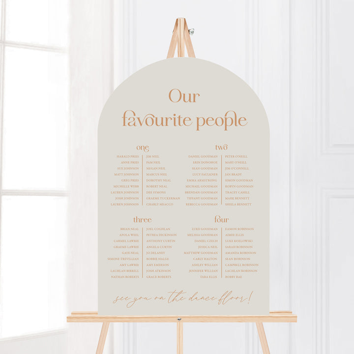 modern wedding seating chart with our favourite people heading in arch shape