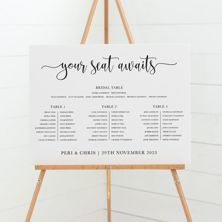 Modern wedding seating chart in banquet layout in black and white. Printed in Australia on foamboard or acrylic.