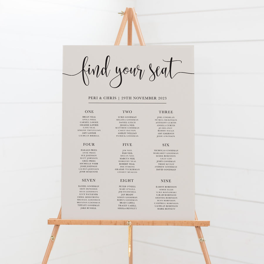 Modern wedding seating chart in banquet layout with almond background and black ink. Printed in Australia on foamboard or acrylic.