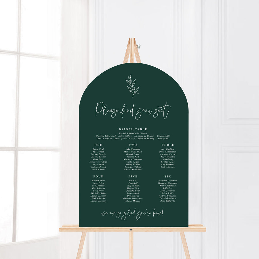 Arch wedding seating chart in dark green and white with hand drawn leaf element. Peach Perfect Australia.