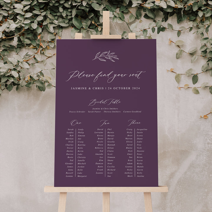 Large wedding seating chart  with hand drawn leaf element and calligraphy. Blackcurrant purple. Peach Perfect Australia.