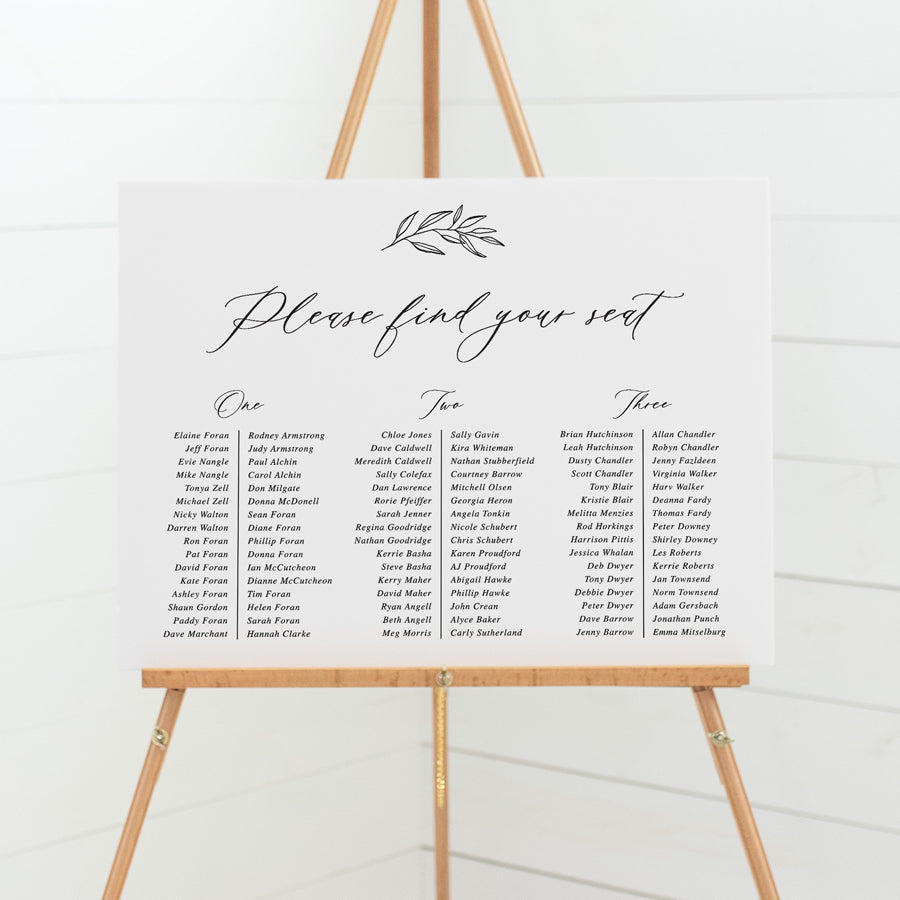 Wedding or Baptism seating chart in soft pink with hand drawn leaf element and calligraphy font. Peach Perfect Australia. Banquet.