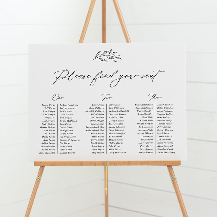 Wedding or Baptism seating chart in soft pink with hand drawn leaf element and calligraphy font. Peach Perfect Australia. Banquet.