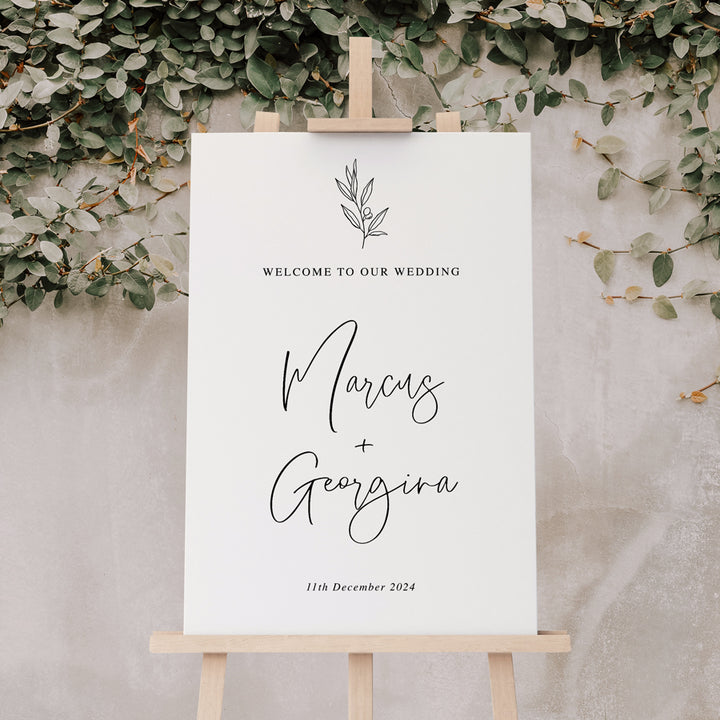 Modern wedding welcome sign on foamboard or acrylic with hand drawn olive leaf. Printed in Australia.