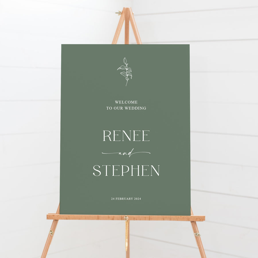 Modern wedding welcome sign in seedling green and white. Botanic hand drawn leaf at top. Designed and printed in Australia.