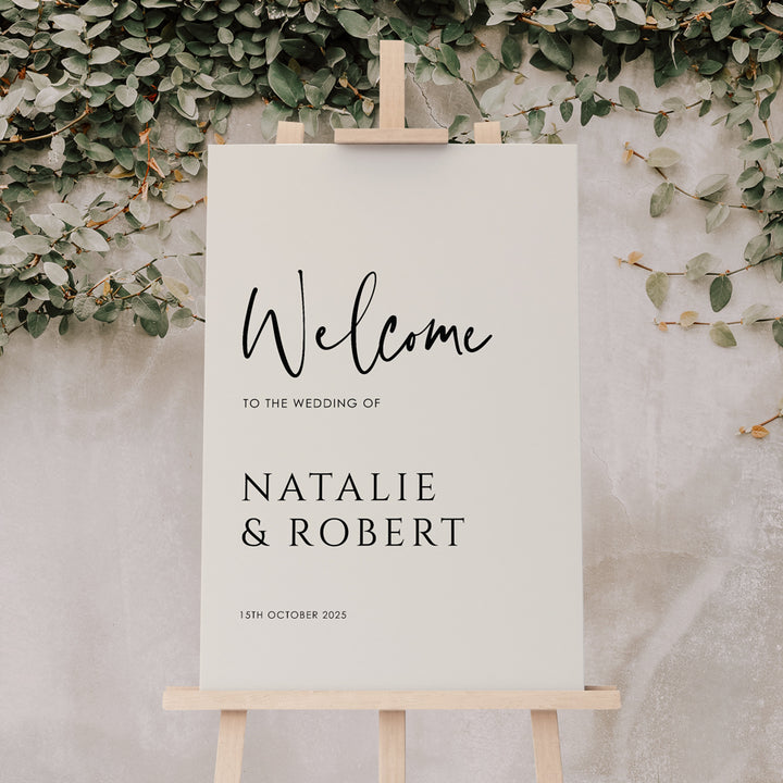 modern wedding welcome sign in Clay and white. Designed and printed in Australia on premium foamboard or acrylic.