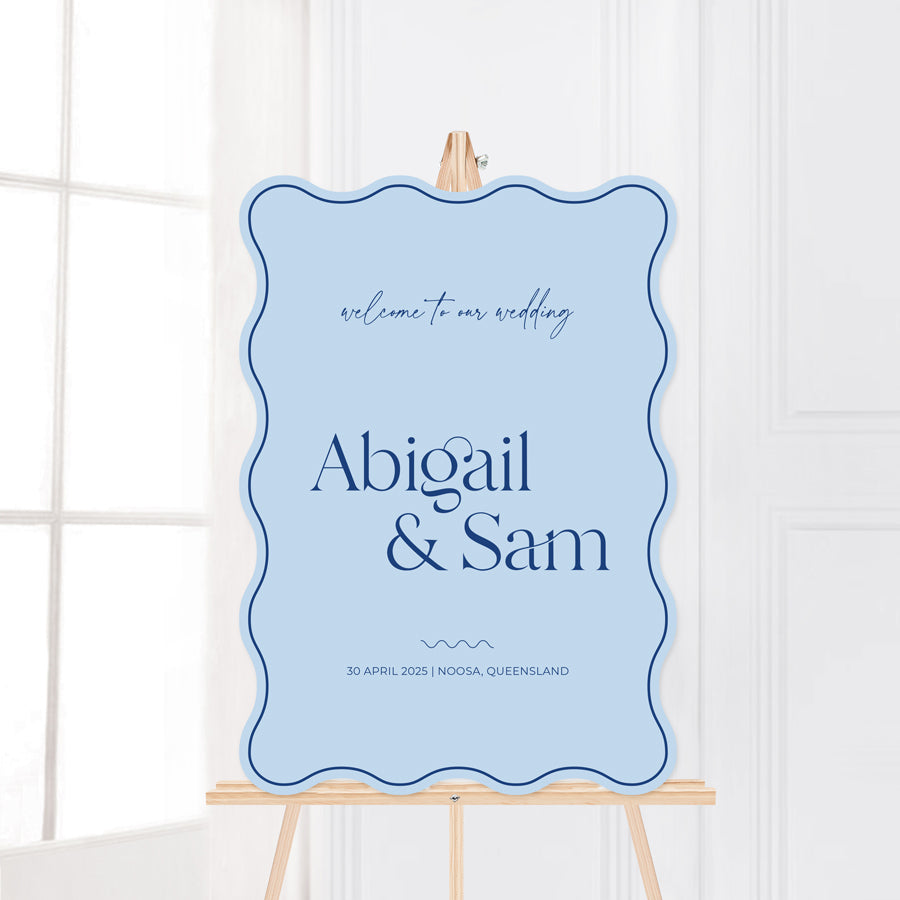 Modern wavy shape wedding welcome sign in retro font style. Printed in Australia on foamboard or Acrylic.