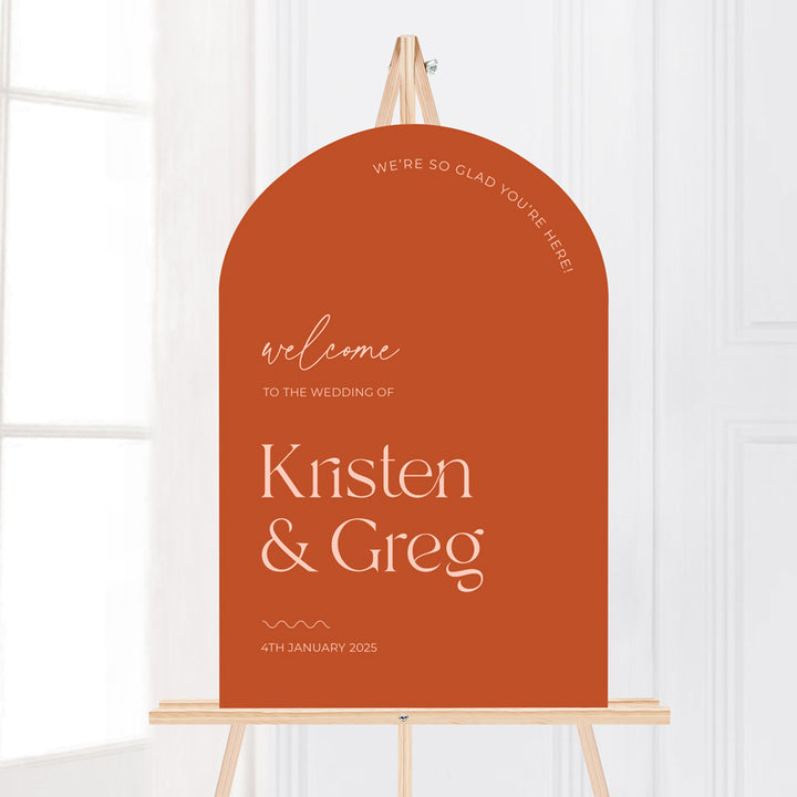 Modern arch shape wedding welcome sign in retro font style. Printed in Australia on foamboard or Acrylic.